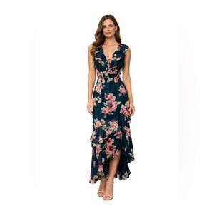 Lulus Floral Ruffle High-Low Maxi Dress Romantic V-Neck Dress Green-Pink Size XS